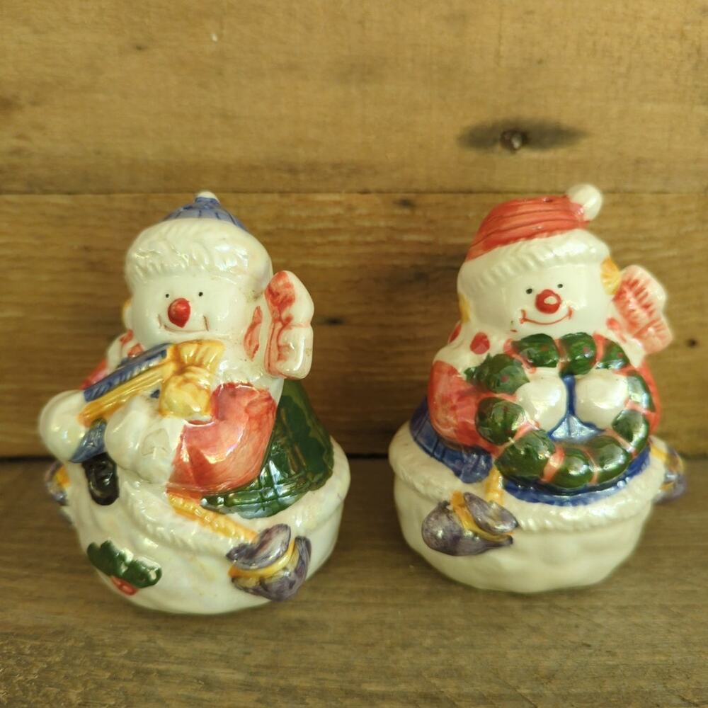 Vintage 1980s Iridescent Christmas Holiday Snowman Salt and Pepper Shakers
